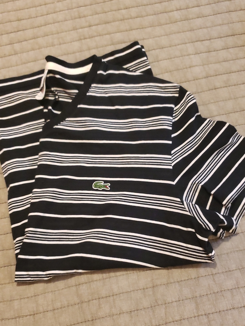 Lacoste Black and White Striped Short-Sleeve Polo with Green Croc